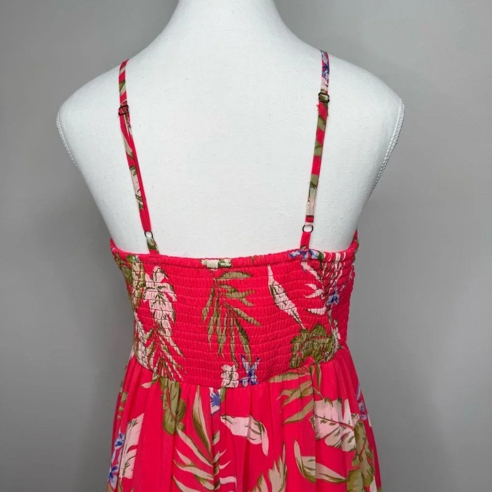 JAPNA V Neck Floral Maxi Dress S‎ Tropical Leaf Red Green Smocked Back